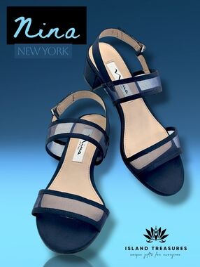 Nina Navy "Ganice" Sz 5.5 Navy Satin With Mesh Paneling Strap Block Heel Sandal